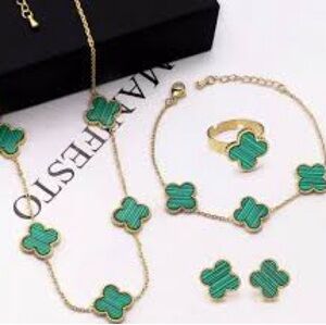 Lucky clover 18k gold color set necklace bracelet and earrings
